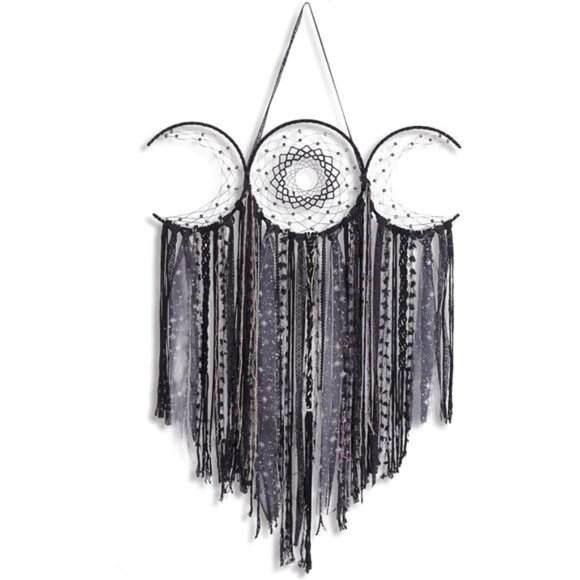 Black Triple Moon Goddess Macrame Wall Hanging, Wicca Crescent Dream Catcher - Picture 1 of 8